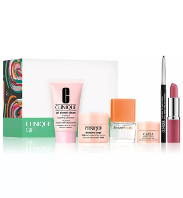 Clinique 6 PCS Skincare Travel Makeup Deluxe Sample Gift Set White Green Box $17.99