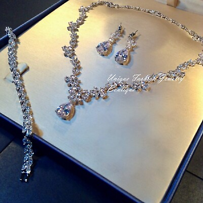 #ad 18K Platinum Plated Necklace Earrings Set made w Swarovski Crystal Bridal Jewel $149.00