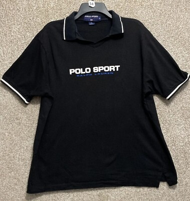 #ad Vintage Polo Sport Ralph Lauren Mens Medium Black Spellout Short Sleeve Polo USA $24.99