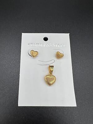 #ad Set of Stainless Steel Gold Heart Pendant with Earrings for Womens $24.00