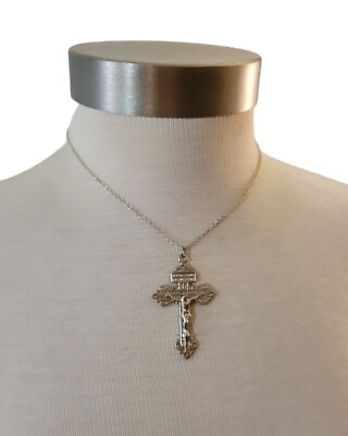 #ad Ornate Silvertone Cross Crucifix Necklace Silvertone $7.99