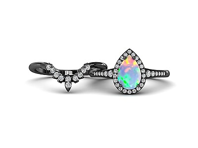 #ad Pear Opal Engagement Ring Set Art Deco Black rhodium Ring for Women . $219.99