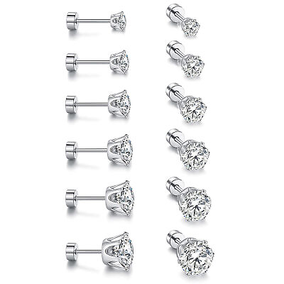 #ad 6 Pairs Stainless Steel Round Cubic Zirconia Stud Earrings Set for Men Women $9.99