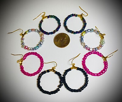 #ad Beaded Hoop 1” Earrings 4 Pair Black Silver pearl Pink Iridescent Gift Box $4.95