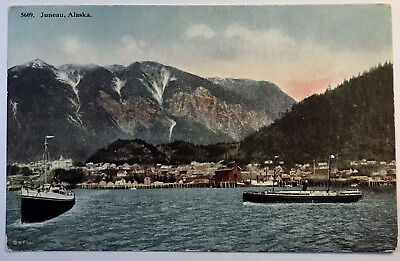 #ad Juneau AK Alaska City View Town Boat Ship Mountains Postcard Vintage $13.38