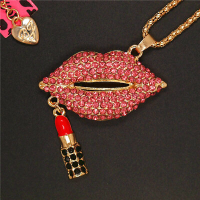 #ad New Holiday gifts Pink Crystal Enamel sexy lipstick lips Sweater Chain Necklace $3.95