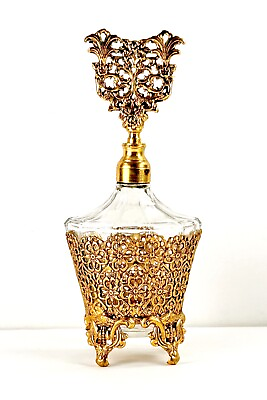 Ormolu Perfume Bottle Glass amp; Gold Bronze Filigree No Dauber 7.5quot; C602 $34.99