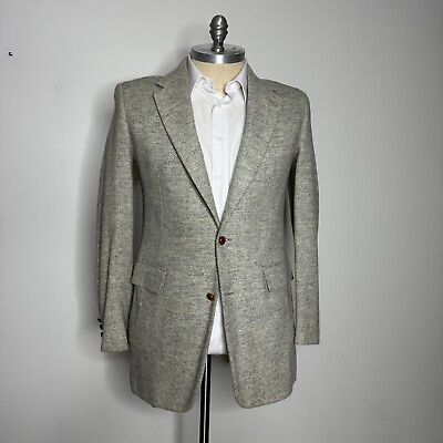 #ad Vtg Blair Tweed Sport Coat Mens White Herringbone Wool 44L $46.99