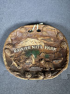 #ad Vintage Rainier National Park Souvenir Faux Wood Resin Bowl Taco Wall Hang $9.99