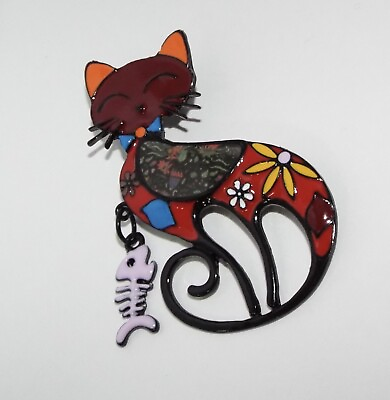 #ad Cute Enamel Cat pin BROOCH charms fish whimsical costume jewelry NWOT Flowers $14.99