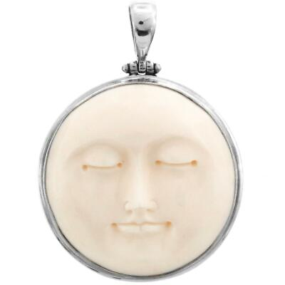 #ad 925 Silver Handcarved Moon Moonface Bison Bone Carving Sterling Pendant 1 3 4quot; $27.95