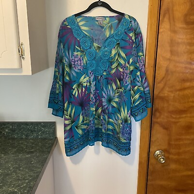 #ad CATHERINES SHIRT 1X W PETITE TUNIC FLORAL TOP V NECK LACE 3 4 SLEEVES RESORT $10.00