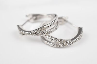 #ad Sterling Rhodium 4.0g Diamond Cross Band Hoop Earrings Elegant $74.00