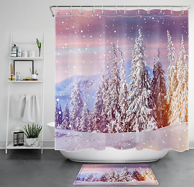 #ad Winter Sunset Landscape Forest Snowy Pine Shower Curtain Set for Bathroom Decor $33.99