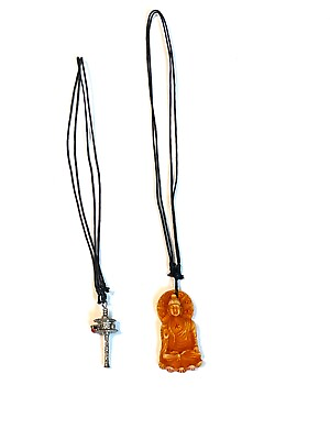 Buddha Necklace Set of 2 Black double strings with Metal and Poly Stone Hanging $18.99