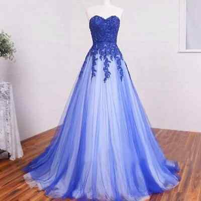 #ad Royal Blue Prom Dresses Tulle A Line Sweetheart Applique Sleeveless Evening Gown $144.40