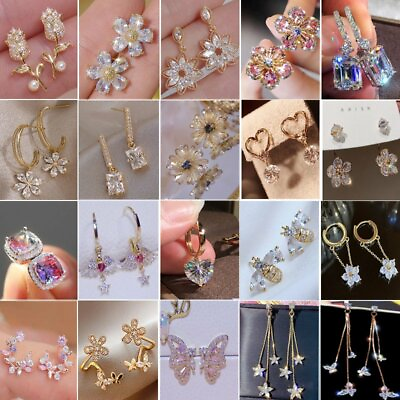 #ad Fashion Crystal Women Flower Zircon Earrings Ear Stud Dangle Wedding Party Gift GBP 2.61