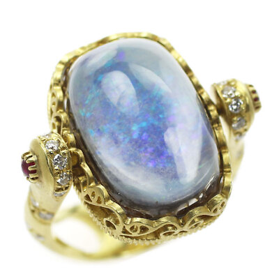 #ad K18YG Laminated Boulder Opal Synthetic Quartz Ruby Diamond Ring and Pendant Top $1164.00