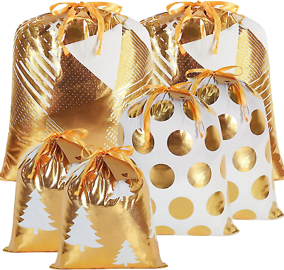 #ad Fabric Drawstring Gift Bags Assorted 6Pcs Gold Reusable Christmas Wrapping Sack $31.24