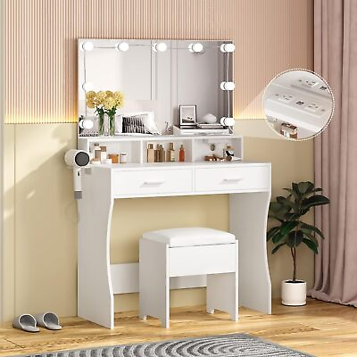 #ad Makeup Vanity with Lighted Mirror amp; Power Outlet White Vanity Set Vanity Desk $139.49