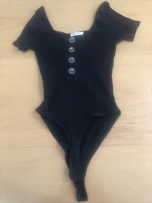 #ad Heart amp; Hips Women Black Bodysuit Size Medium Short Sleeve Round Collar . $12.01