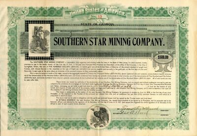 #ad Southern Star Mining Co. $500 Bond Mining Bonds $160.00