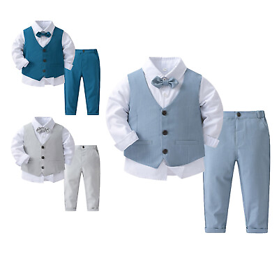 Baby Toddler Boys Gentleman Suit Bow Tie Dress Shirt Vest Pants Wedding Outfit $8.41