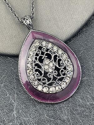 #ad Vintage Necklace purple enamel crystal grey tone pendant chain 18” $11.11