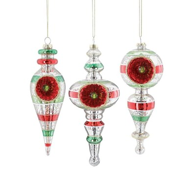 #ad Silver Red Green Stripe Finial Glass Ornament 7quot; Set 3 Christmas Vintage Inspire $24.80