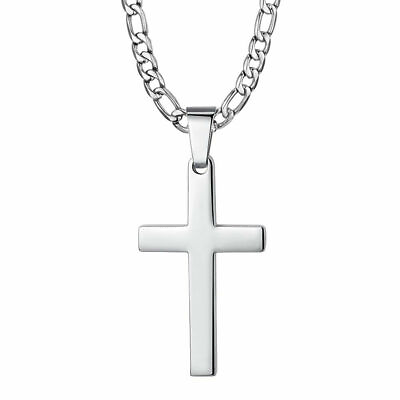 #ad #ad Mens Silver Cross Pendant Necklace Stainless Steel Figaro Necklace Chain 18quot; 30quot; $9.92