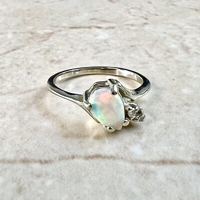 #ad 14K Diamond amp; Natural Opal Ring 14K White Gold Solitaire Opal Cocktail Ring $345.00