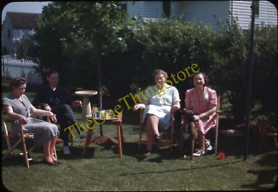 #ad Pretty Women Backyard Chair Dog Americana 1940s 35mm Slide Red Border Kodachrome $14.99
