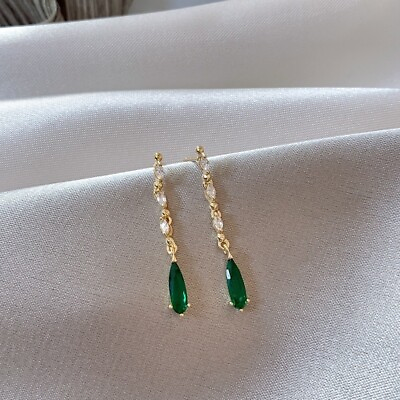 #ad Elegant Teardrop Green Crystal Dangle Drop Earrings for Women Gifts $12.99
