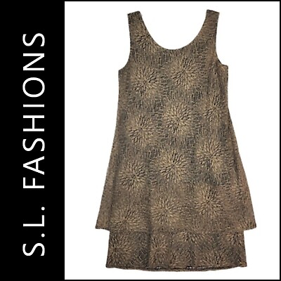 #ad S.L. Fashions Women Layer Shift Sleeveless Dress Stretch Size 10P Brown $27.75