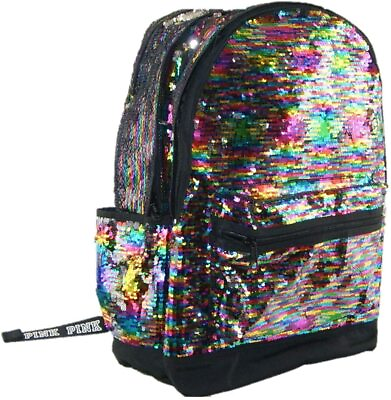 #ad #ad Victoria#x27;s Secret PINK Rainbow Sequin Bling Campus Backpack Bag Fashion Show NEW $45.00