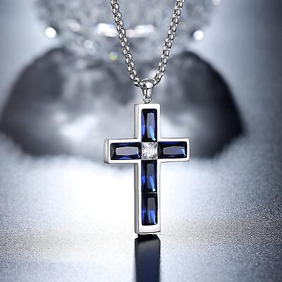 #ad #ad Cross Necklace Men#x27;s Created Sapphire Blue Pendant Crystal Zircon Birthstone $52.00