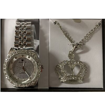 #ad Luis Cardini Silver Bling Set – Watch with a Crown Pendant Necklace $33.98