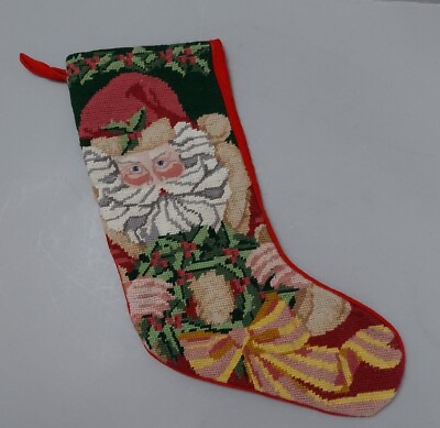 #ad Needlepoint Stocking Christmas Holiday Red Santa Holding Wreath Old World Vtg $20.38