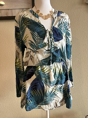 #ad Spiaggia Dolce Women#x27;s Blue Green Tropical Blouse w Tassel Waist Drawstring L $29.00