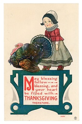 #ad Thanksgiving Vintage Postcard c1913 Blessing Turkey Pilgram Girl $6.77