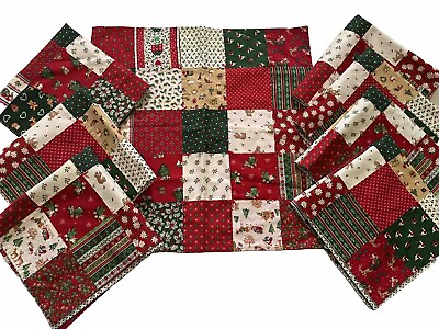#ad Vintage Handmade Set 8 Cloth Napkins Calico Christmas Patchwork 17x17” $29.00