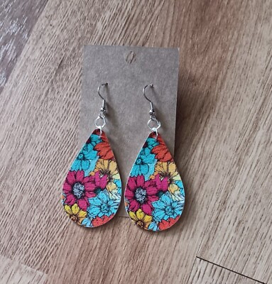 #ad Womens Light Weight Faux Leather Dangle Earrings Flower Print $2.75