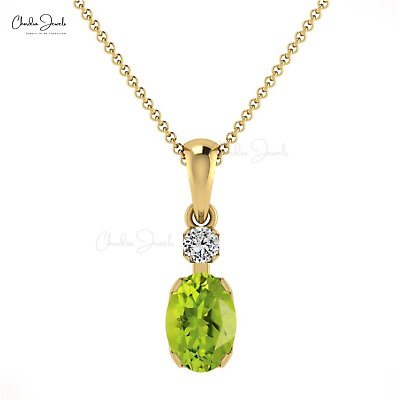 #ad Two Stone Pendant Peridot Green Pendant 14k Gold Purity Tiny Diamond Jewellery $190.90