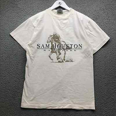 #ad Vintage 90s Sam Houston Race Park T Shirt Men#x27;s Small Short Sleeve Graphic White $19.99