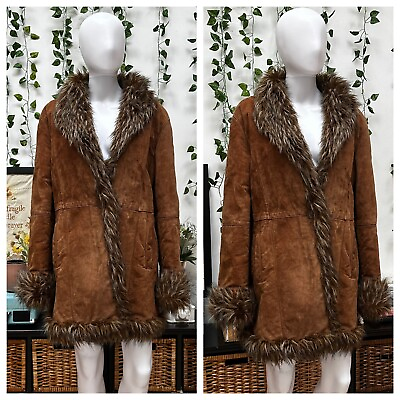 #ad Vintage 90s Does 70s Leather Faux Fur Trim Coat Jacket Boho Hippy Penny Lane M L $149.99