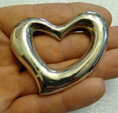 #ad Vintage 925 Sterling Silver Giant Taxco 2.25 Inch Heart Brooch $47.00