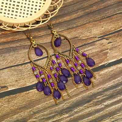 #ad 4 inch Bohemian Tassel Purple Lucite amp; Crystal Chandelier Hook Earrings $14.93