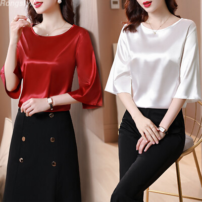 #ad Elegant Fashion Women Lady Silk Satin Shirt Business Formal Workwear Tops Blouse $22.07