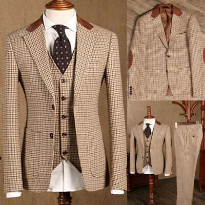 #ad 2022 Brown Classic Tweed Men#x27;s Slim Fit Tuxedo Blazer Jacket Tank Pants 3 pcs $192.10