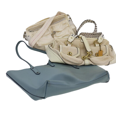 #ad Coach Tote Bag Shoulder Bag Leather Nylon 3Set Beige Light Blue Auth 40487 $68.25